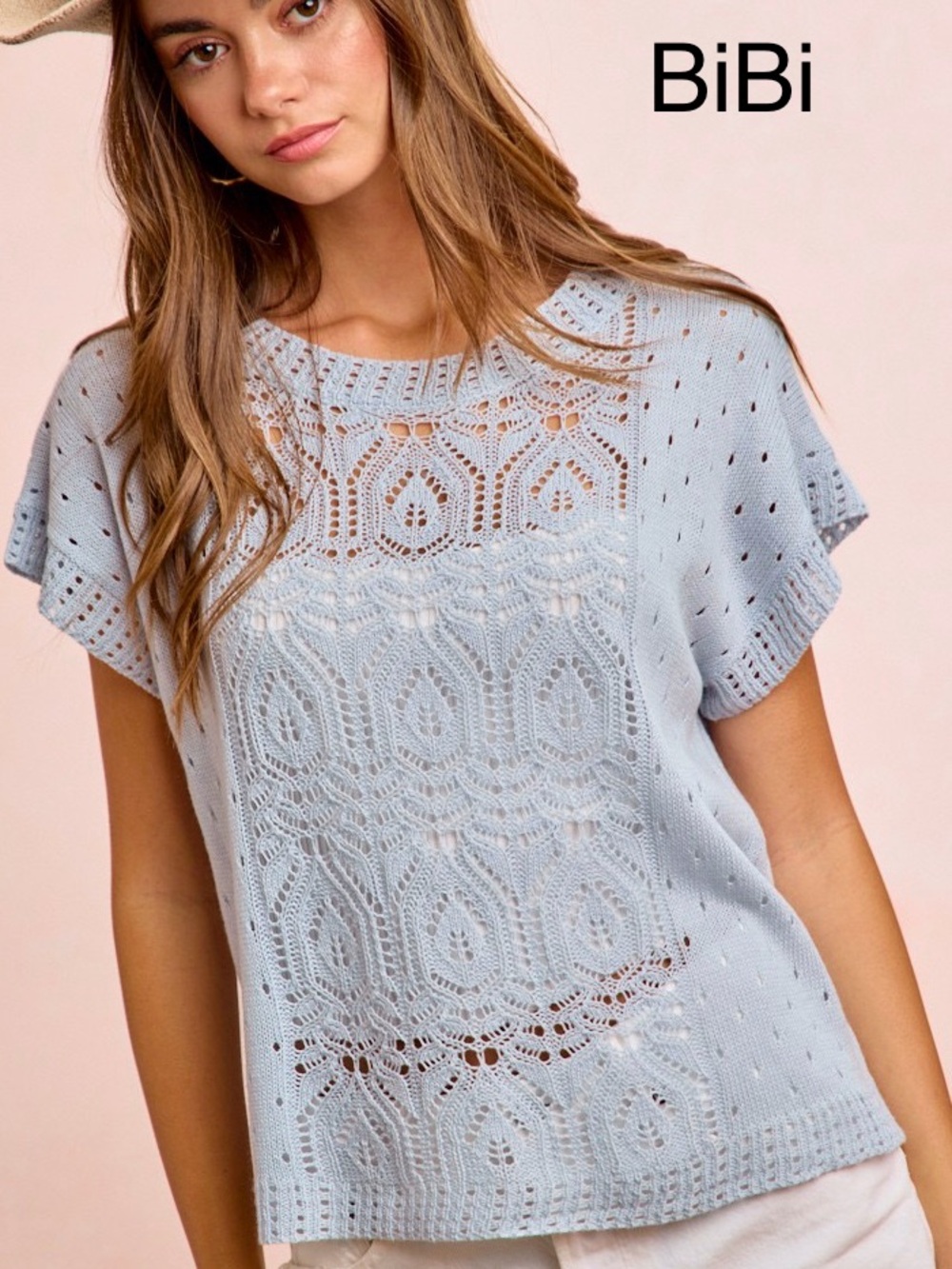 🩵Hello Gorgeous! BiBi Washed Eyelet Short Sleeve Breathable Knit Top- Ice Blue